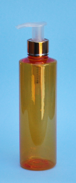 SNSET-THOPETRSQ250GNP-Round PET Bottle Orange Coloured with Square Shoulder 250ml With a 24/410 Metallic Gold/Natural Pump 