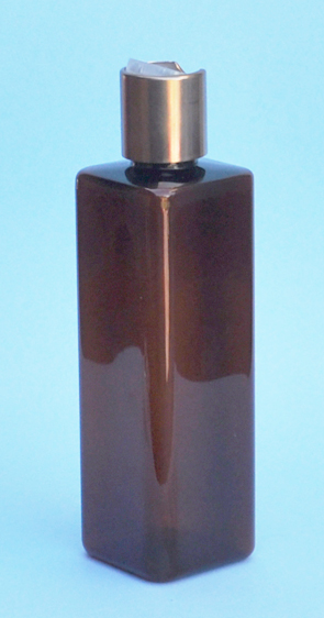 SNSET-THAPETSQ250MCNDL-Square PET Bottle Amber Coloured 250ml with Metallic Copper/Natural 24/410 Disc Top Dispensing Lid