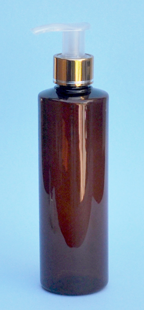 SNSET-THAPETRSQ250MGNP-Round PET Bottle Amber Coloured with Square Shoulder 250ml With a Metallic Gold/Natural 24/410 Pump 