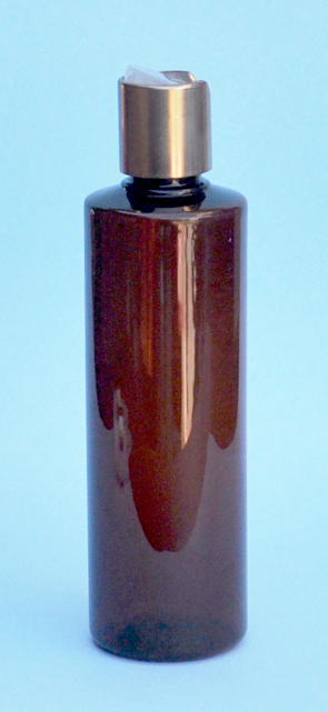 SNSET-THAPETRSQ250MCNDTL-Round PET Bottle Amber Coloured with Square Shoulder 250ml With a Metallic Copper/Natural Disc Top Lid