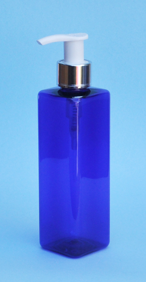 SNSET-THCBPETSQ250MSWP-Square PET Bottle Cobalt Blue Coloured 250ml with Metallic Silver/White 24/410 Pump 