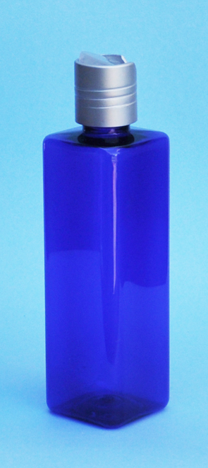 SNSET-THCBPETSQ250MSNDTL-Square PET Bottle Cobalt Blue Coloured 250ml with Metallic Silver/Natural 24/410 Disc Top Dispensing Lid 