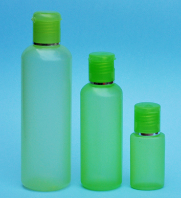 SNSET-THGHDPEB125GFTDL-125ml Translucent Green HDPE Round Boston Bottle with 24/410 Green Flip Top Dispensing Lid with Metallic Silver Rim  