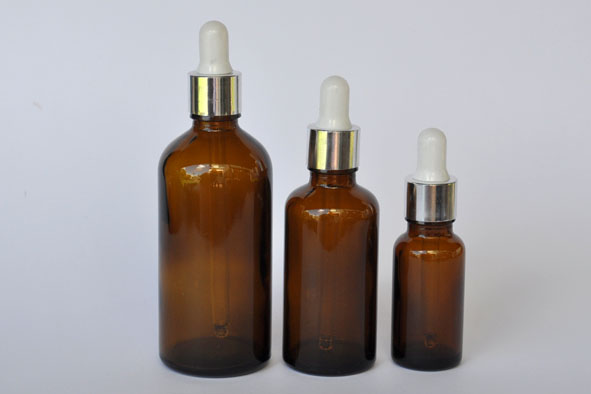 GDBASRW100-Glass Dropper Bottle Amber Colour with Metallic Silver Rim with White Rubber thumb press-100ml 