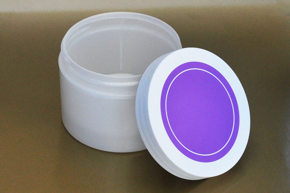 SNSETEJNPW-TRANSLUSCENT WHITE PLASTIC JAR, 16 OZ (~473ml) PET SINGLE WALL ROUND WITH AN 89/400 FINISH, ROUND BASE WITH Purple/WHITE 89/400 matching Lid  