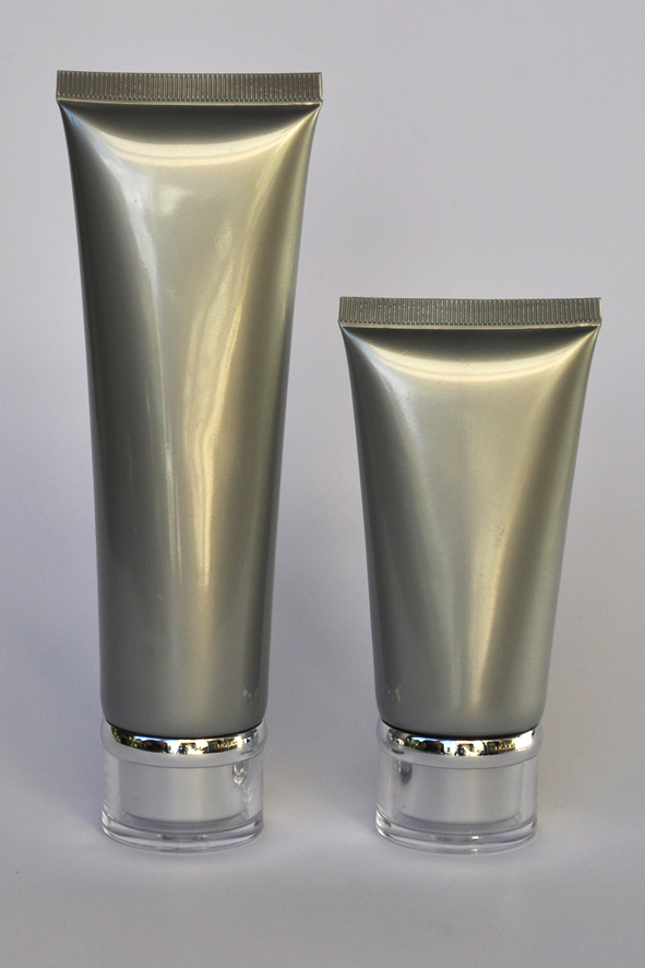 SNET-50STSC-Pre Sealed Plastic Tube Silver 50g + Silver Cap Ø35, Clear Overcap and Metallic Silver Rim