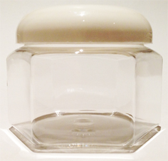 SNJ-24655DW-CLEAR PLASTIC JAR, 8 OZ PET HEXAGON WITH A FLAT BASE and Domed Smooth White 70/400 Lid 
