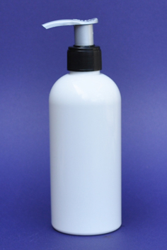 SNSET-250WBPETBSFRP-250ml White Boston PET Bottle with Black/Silver Fine Ribbed Pump 24/410