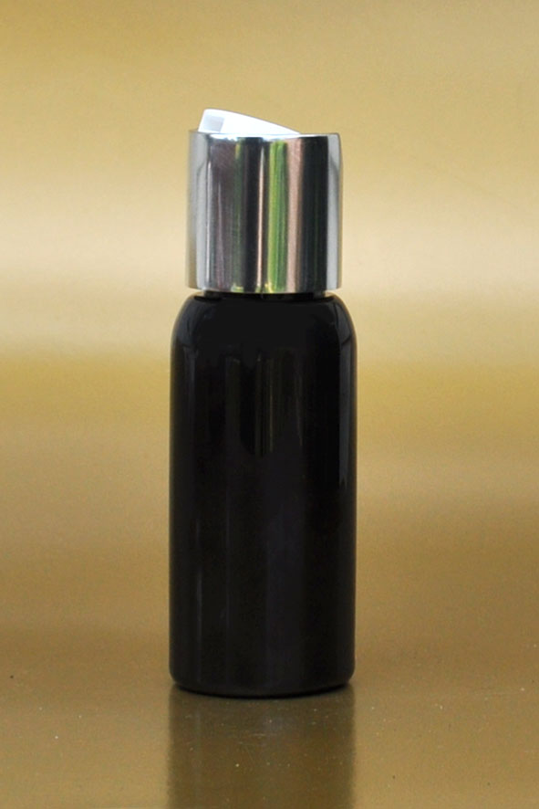 SNSET-50BBPETWDTL-50ml Black Boston PET Bottle with Metallic Silver Disc Top Lid 24/410