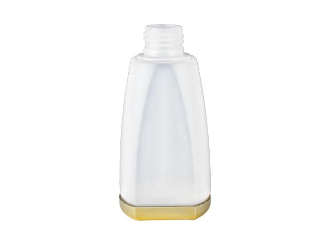 SNEP-27308-NATURAL/GOLD PLASTIC BOTTLE, 150 ML OTHER TAPERED OBLONG WITH A 24/410 FINISH, FLAT FRONT AND BACK, GOLD METALLIZED REMOVABLE BASE