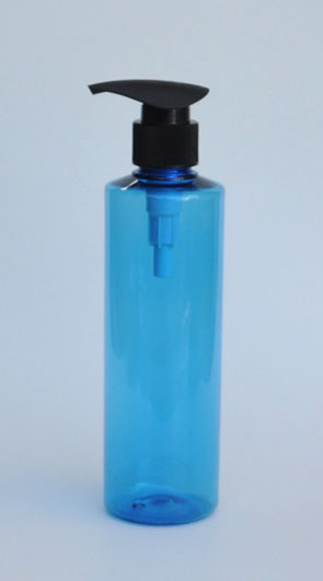 SNSET-THSBPETRSQ250BWTBP-Round PET Bottle Sky Blue Coloured with Square Shoulder 250ml With a 24/410 Black Wide Thumb Base Plastic Pump