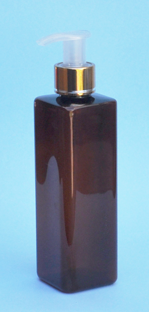 SNSET-THAPETSQ250MGNP-Square PET Bottle Amber Coloured 250ml with Metallic Gold/Natural 24/410 Pump 