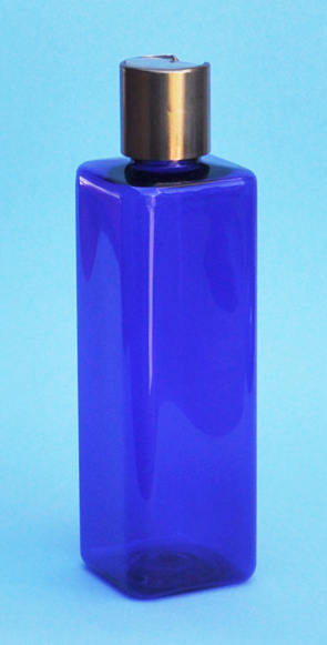 SNSET-THCBPETSQ250MCNDTL-Square PET Bottle Cobalt Blue Coloured 250ml with Metallic Copper/Natural 24/410 Disc Top Dispensing Lid 