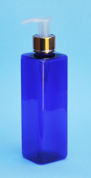 SNSET-THCBPETSQ250MGNP-Square PET Bottle Cobalt Blue Coloured 250ml with Metallic Gold/Natural 24/410 Pump  