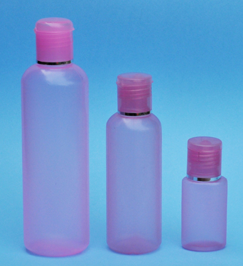 SNSET-THPIHDPEB250PFTDL-250ml Translucent Pink HDPE Round Boston Bottle with 24/410 Pink Flip Top Dispensing Lid with Metallic Silver Rim