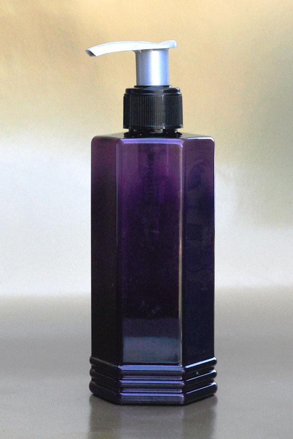SNSET-250HEXPETPBSFRP-250ml Hexagonal PET Purple Bottle with Black/Silver Fine Ribbed Pump 24/410  
