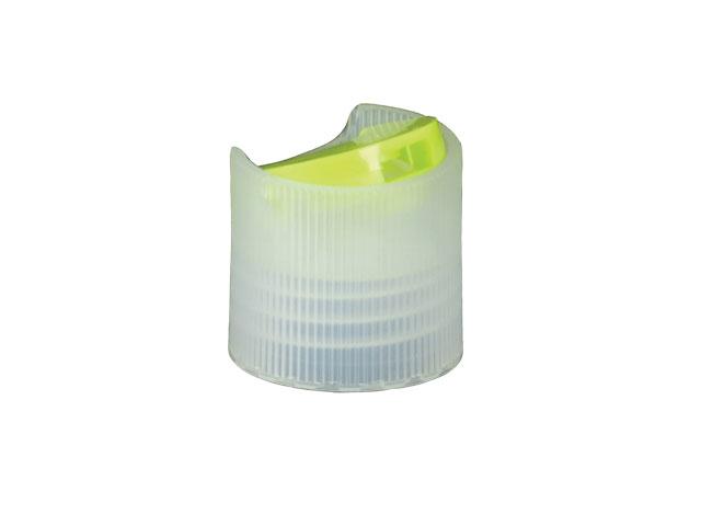 SNDD-26997-LIME GREEN/NATURAL DISPENSING CAP, FINE RIBBED DISC-TOP CLOSURE WITH A 28/410 FINISH AND A .340" ORIFICE