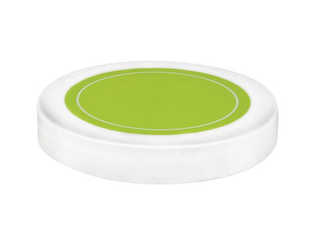 SNDR-31004-WHITE/GREEN PLASTIC JAR LID, SMOOTH CLOSURE WITH AN 89/400 FINISH, INCLUDES A "PLAIN" HEAT SEAL/ PULP LINER, MATTE FINISH, SHINY PINK CIRCLE ON TOP 