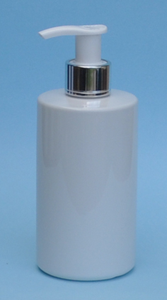 SNSET-THWPETRSQ250MSP-250ml White PET Round Bottle with Square Shoulder and a Metallic Silver/White Pump 