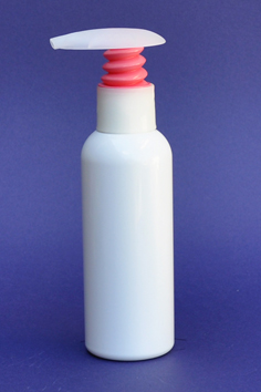 SNSET-100WBPETNPWTBP-100ml White Boston PET Bottle with Natural/Pink White Thumb Base Fine Ribbed Pump 24/410