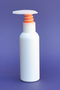SNSET-100WBPETNOWTBP-100ml White Boston PET Bottle with Natural/Orange White Thumb Base Fine Ribbed Pump 24/410 