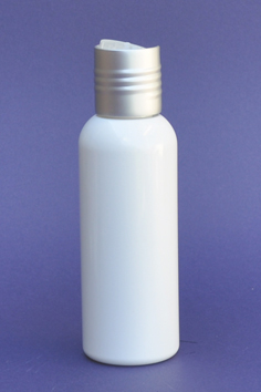 SNSET-100WBPETMSNDTL-100ml White Boston PET Bottle with Metallic Silver/Natural Disc Top Lid 24/410  