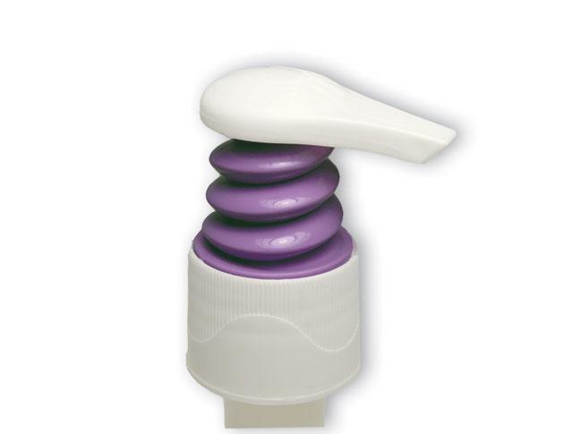 SNHL-17674-WHITE/VIOLET LOTION PUMP, 24/410 FINISH, FINE RIBBED, 1.5cc LAGUNA WITH A LOCK UP HEAD AND A 4 11/16" DIP TUBE, VIOLET BELLOWS 