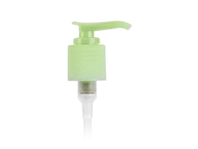 SNHL-22453-LIME GREEN LOTION PUMP, 24/415 FINISH, FINE RIBBED, 2cc SD-200 WITH A LOCK DOWN SADDLE HEAD AND A 6 23/32" DIP TUBE, TRANSLUCENT 