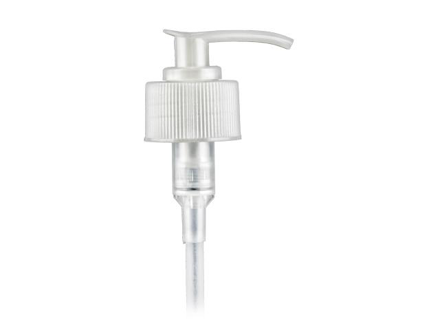 SNHL-24420-PEARL WHITE LOTION PUMP, 28/410 FINISH, FINE RIBBED, 2cc SD-200 WITH A LOCK DOWN HEAD AND AN 8 19/32" DIP TUBE