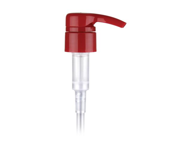 SNHL-25477-RED LOTION PUMP, 28/410 FINISH, SMOOTH, 4cC CASCADE WITH A LOCK DOWN HEAD AND A 9 7/16" DIP TUBE
