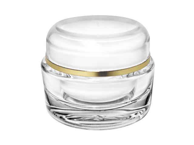 SNSET-Clear Acrylic Jar/Lid SET-60ml-ACRYLIC JAR, WHITE INNER CAP/BOWL, GOLD RIM LID 58mm Neck