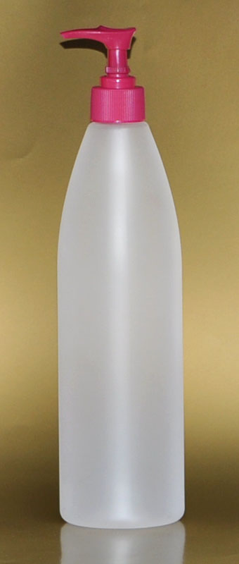 SNSET-28137D-26Oz Natural HDPE Tapered Bullet Bottle with 28/410 Magenta Fine Ribbed Pump