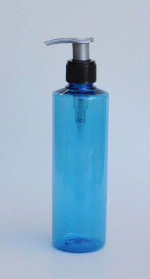 SNSET-THSBPETRSQ250BSP-Round PET Bottle Sky Blue Coloured with Square Shoulder 250ml With a 24/410 Black/Silver Pump