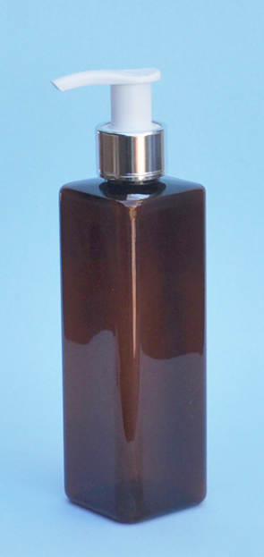 SNSET-THAPETSQ250MSWP-Square PET Bottle Amber Coloured 250ml with Metallic Silver/White 24/410 Pump