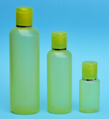 SNSET-THYHDPEB250YFTDL-250ml Translucent Yellow HDPE Round Boston Bottle with 24/410 Yellow Flip Top Dispensing Lid with Metallic Silver Rim 