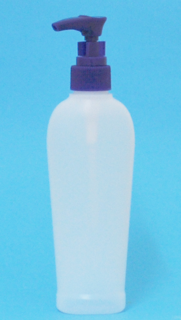 SNSET-K02-NATURAL PLASTIC BOTTLE, 200 ML HDPE REVERSE TAPERED OVAL WITH A 24/410 FINISH, FOOTED PLUS BLUE 24/410 Pump