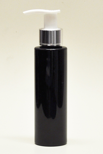 SNSET-4CYPETBMSWP-4Oz (118ml) Black PET Cylindrical Bottle with Metallic Silver/White Pump 24/410 
