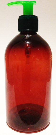 SNSET500ABBPETFRGP-500ml Amber Bell Boston PET Bottle with 28/410 Green Fine Ribbed Pump 