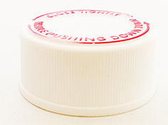 SNDC-CRCW33-White CHILD RESISTANT CAP, FINE RIBBED CLOSURE WITH A 33/400 FINISH, PICTORAL INSTRUCTIONS in Red on the Top