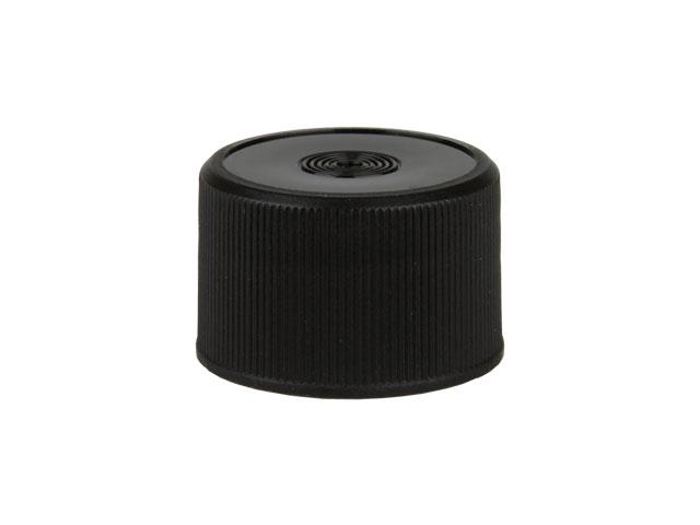 SNDR-28621-BLACK PLASTIC CAP, FINE RIBBED CLOSURE WITH A 28/410 FINISH, INCLUDES A "PLAIN" HEAT SEAL/ PULP LINER, SMOOTH RINGED TOP