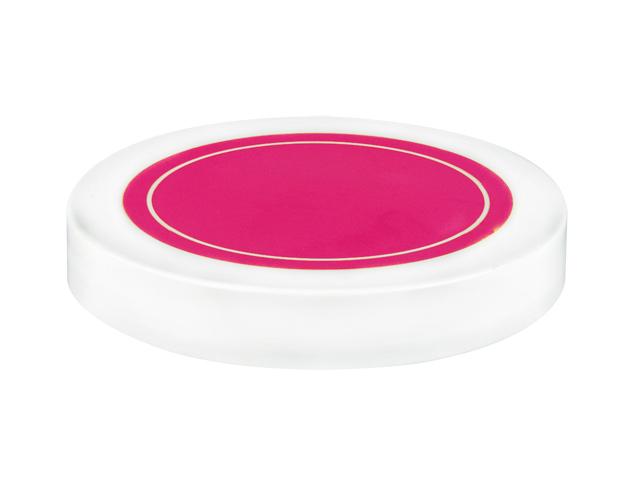 SNDR-31005-WHITE/PINK PLASTIC JAR LID, SMOOTH CLOSURE WITH AN 89/400 FINISH, INCLUDES A "PLAIN" HEAT SEAL/ PULP LINER, MATTE FINISH, SHINY PINK CIRCLE ON TOP