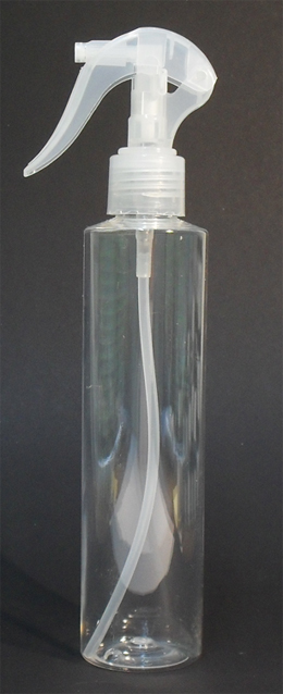 SNSET-CLPETRSQS250NSNS-250ml PET Bottle Clear Cylindrical Bottle with flat shoulder and Swan Neck Finger Trigger Spray Natural