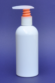 SNSET-250WBPETNOWTBP-250ml White Boston PET Bottle with Natural/Orange White Thumb Base Fine Ribbed Pump 24/410 