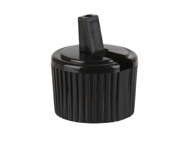 SNDD-32165-BLACK DISPENSING CAP, FINE RIBBED, TURRET STYLE CLOSURE (Flip Spout) WITH A 24/410 FINISH AND A .110" ORIFICE 