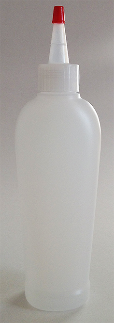 SNSB-25494RYC-NATURAL PLASTIC BOTTLE, 200 ML HDPE REVERSE TAPERED OVAL WITH A 24/410 FINISH, FOOTED with Red Tipped Yorker Dispensing Cap