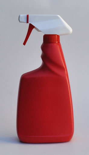 SNSET-26741-RED PLASTIC BOTTLE, 22 OZ. HDPE TRIGGER OBLONG WITH A 28/400 FINISH, TWISTED PISTOL GRIP, LABEL PANEL with Red/White Trigger Sprayer
