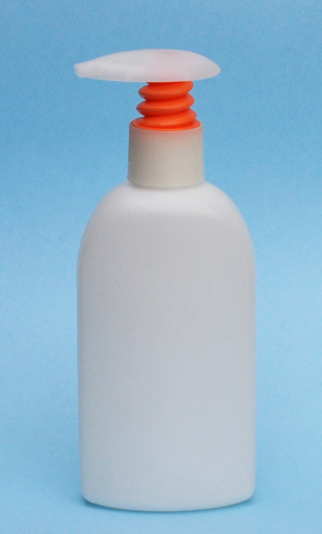 SNSET-23761ONP-6Oz White HDPE Flat Sided Oval Bottle with 24/410 Orange/Natural Pump