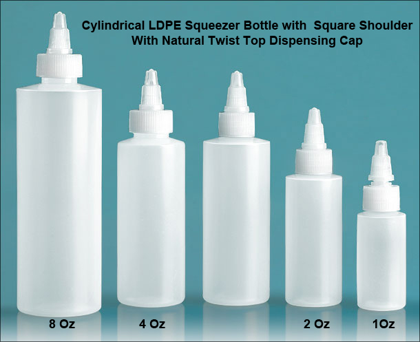 SNSB1OZCYNTTL-1 Oz (~29.6ml) Cylindrical LDPE Squeezer Bottle with Square Shoulder With Natural Twist Top Dispensing Cap