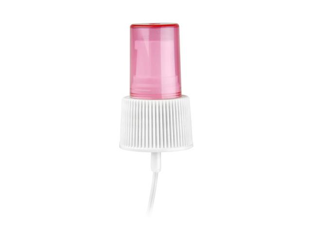 SNHP-13579-WHITE/PINK COSMETIC TREATMENT PUMP, 24/410 FINISH, FINE RIBBED, WITH A TRANSLUCENT PINK HOOD AND A 3 7/16" DIP TUBE
