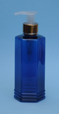 SNSET-THCBPETX250MGNP-250ml Cobalt Blue Hexagonal PET bottle with 24/410 Metallic Gold/Natural Pump